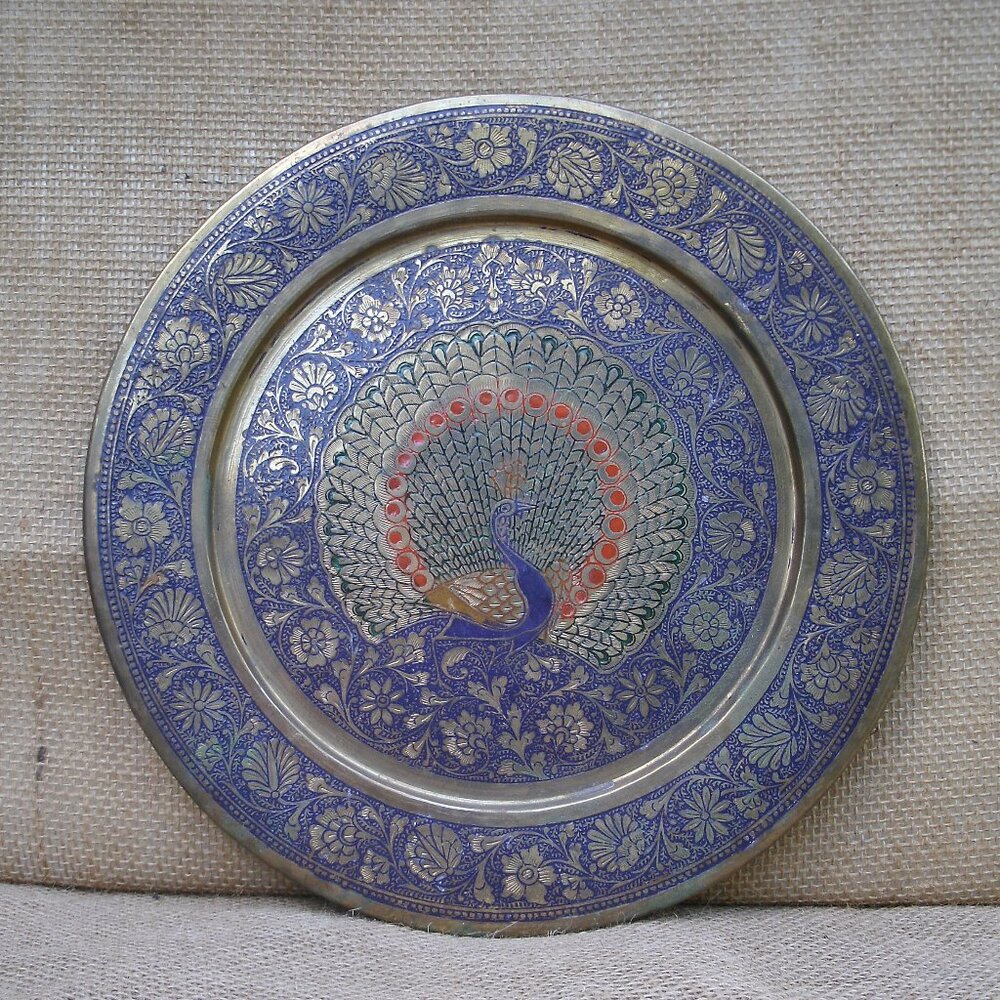 Vintage Enameled Brass Peacock Wall Plate